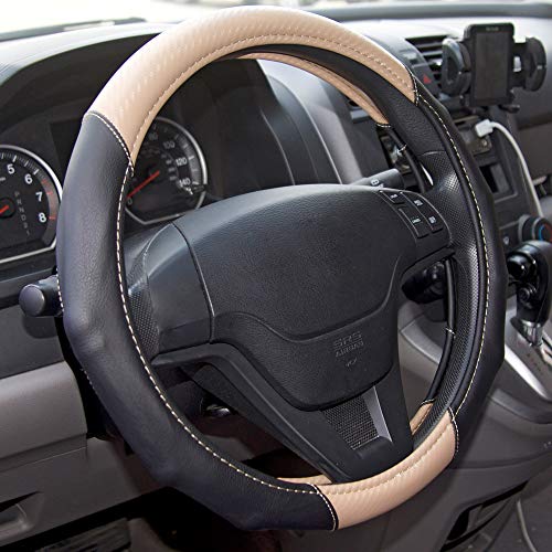 Image of Motor Trend GripDrive Carbon Fiber Steering Wheel Cover, Non-Slip Sporty Racing Faux Leather Ergonomic Comfortable Handle, Steering Wheel Cover for Cars Trucks Vans SUV - Fits Standard 15 Inch - Beige