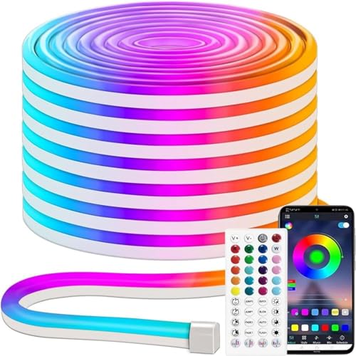 iNextStation Ruban LED RGB 5m, 12V Neon LED avec App & Télécommande, Flexible Bande LED Neon à Changement de Couleurs, Synchronisation Musicale, pour Fête, Jeux, Décoration Intérieure et Extérieure