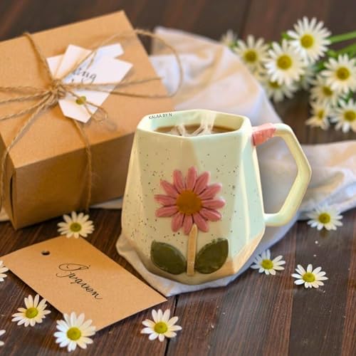Image of Handmade Ceramic Mug 3D Daisy Flower Design Coffee Tea Cup 240 ml Gift for Coffee Lovers Kitchen Decor (Pink /Light Blue /Yellow /Grey) (Light Blue)