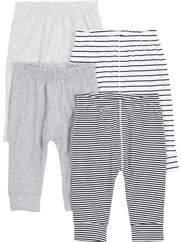 Simple Joys by Carter's Baby Cotton Pants, Pack of 4, Black Mini Stripe/Grey/Light Grey/White Stripe, 0-3 Months