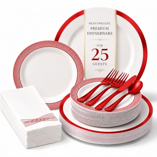 By Madee HEAVYWEIGHT White and Red Plates for Party Set 175 Pc