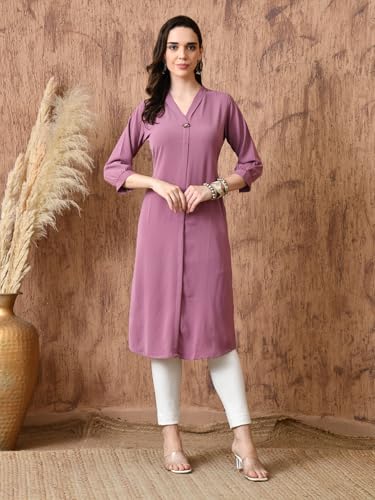 Image of nioni Women's Straight Solid Kurti with V-Fold Neck | Rayon Lycra Material | Fashionable Micro Pleates | 3 /4th Sleeve Kurta for Woman & Girls (S to 2XL)