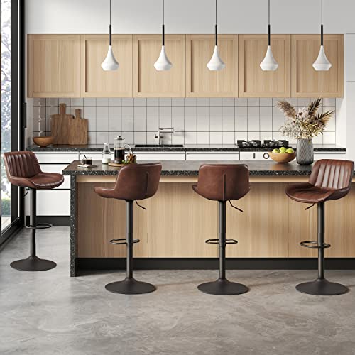 Volans Bar Stools Set Of 4, Mid Century Modern Faux Leather Swivel Adjustable Height Bar Stool, Counter Height Pub Bar Chair With Back, Black Powder Coated Base, Cognac #TOP1