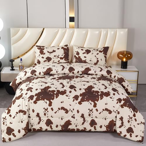 PERFEMET Cow Print King Size Comforter Set Brown and Beige Western Bedding Set Cartoon Animal Pattern Farmhouse Bed Set for Teens Boys Girls Men Women (Beige King)
