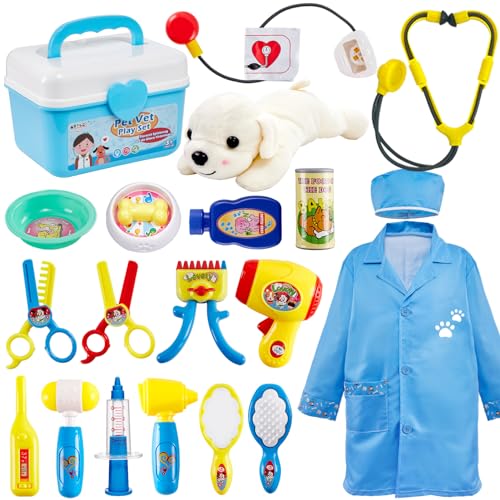 BUYGER 2 en 1 Maletin Veterinario Perritos de Juguetes Cuidado de Mascotas Perrito Veterinaria Enfermería Doctora Kit Juego Regalos para 3 Años Niños Niñas
