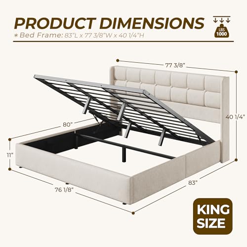 Image of HISOFT King Size Lift Up Storage Bed Frame, Linen Upholstered Platform Bed with Wingback Headboard, Heavy Duty Hydraulic Gas Lift Underbed Space, Reinforced Full Metal Slats, Noise Free, Beige