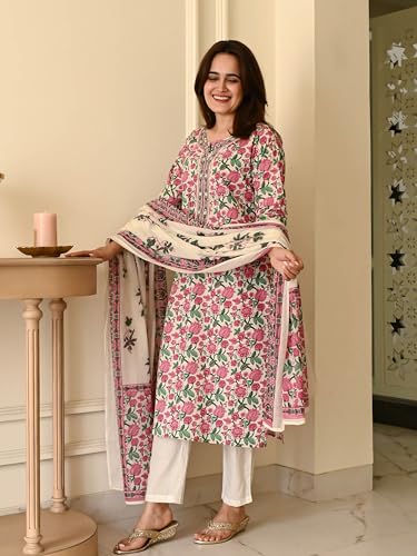 Image of GoSriKi Women's Rayon Viscose Printed Straight Kurta with Pant & Dupatta