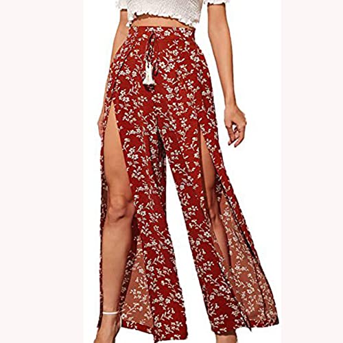 Womens Trendy Print Palazzo Pants Split Thigh High Waisted Belted Prom Plus Size Flowy Wide Leg Pants Beach Trousers2