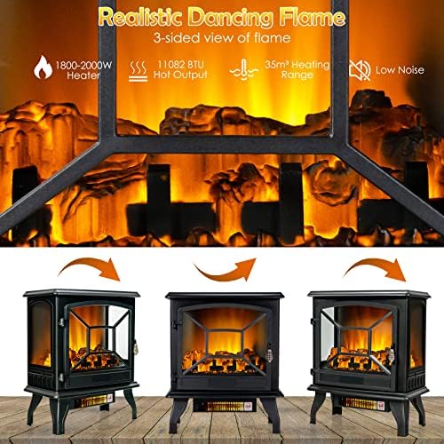 GiantexUK Freestanding Electric Fireplace, 1800-2000W Fire Heater with Adjustable Temperature, Overheat Protection and Realistic Flame Effect, Indoor Space Stove Heater (Single Door)
