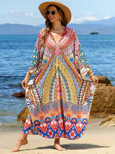 Image of IMAGEKOPE Women's Plus Size Animal Print V-Neck Batwing Kaftan Beach Dress Bathing Suit Cover-Up Loungewear