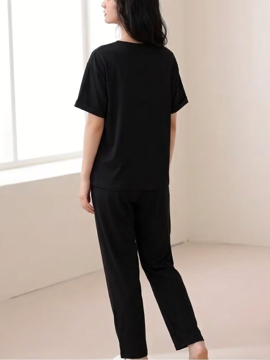 SMOWKLY Conjunto de pijama de dos piezas de mezcla de algodón de alta calidad con bonito estampado para mujer, camiseta elegante con pantalón de pijama, cómoda ropa de descanso
