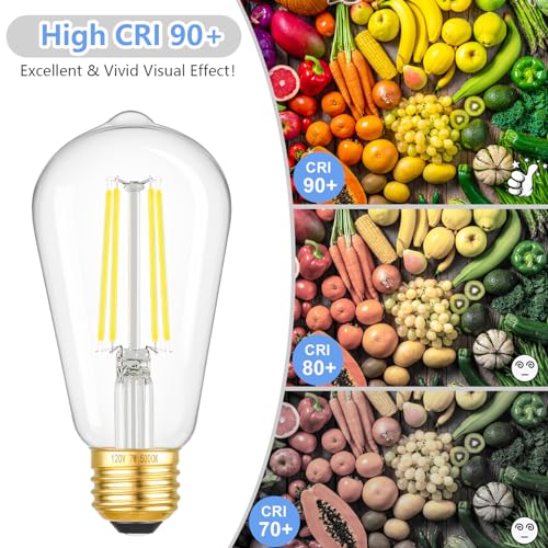 Image of 6-Pack 7W Dimmable LED Light Bulbs, 60Watt Equivalent Edison Bulbs, 850LM Ultra Bright LED Bulbs, 5000K Daylight White, ST58 Vintage Antique Bulbs, E26 Medium Base, CRI90+, Clear Glass, No-Flicker