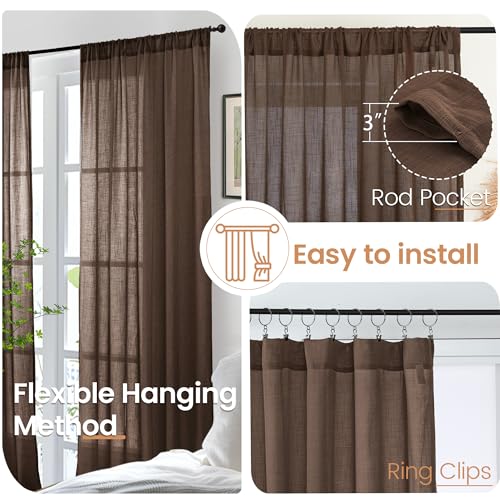 Image of BGment Brown Linen Kitchen Curtains 40 Inch Length, Small Semi Sheer Drapes Textured for Cafe Window Over Sink Bathroom Decor Lightweight Rod Pocket, 2 Panels Set, Each 30 Inch Wide