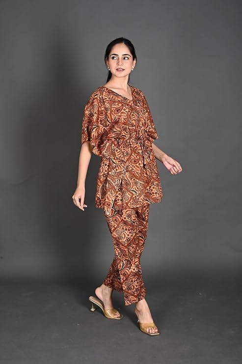 Image of Vlazom Women's 100% Cotton Printed Kaftan & Pyjama Set - Combo Pack of 2 | Free Size Nightwear with Pocket | Soft Cotton Loungewear Co-ord for Women