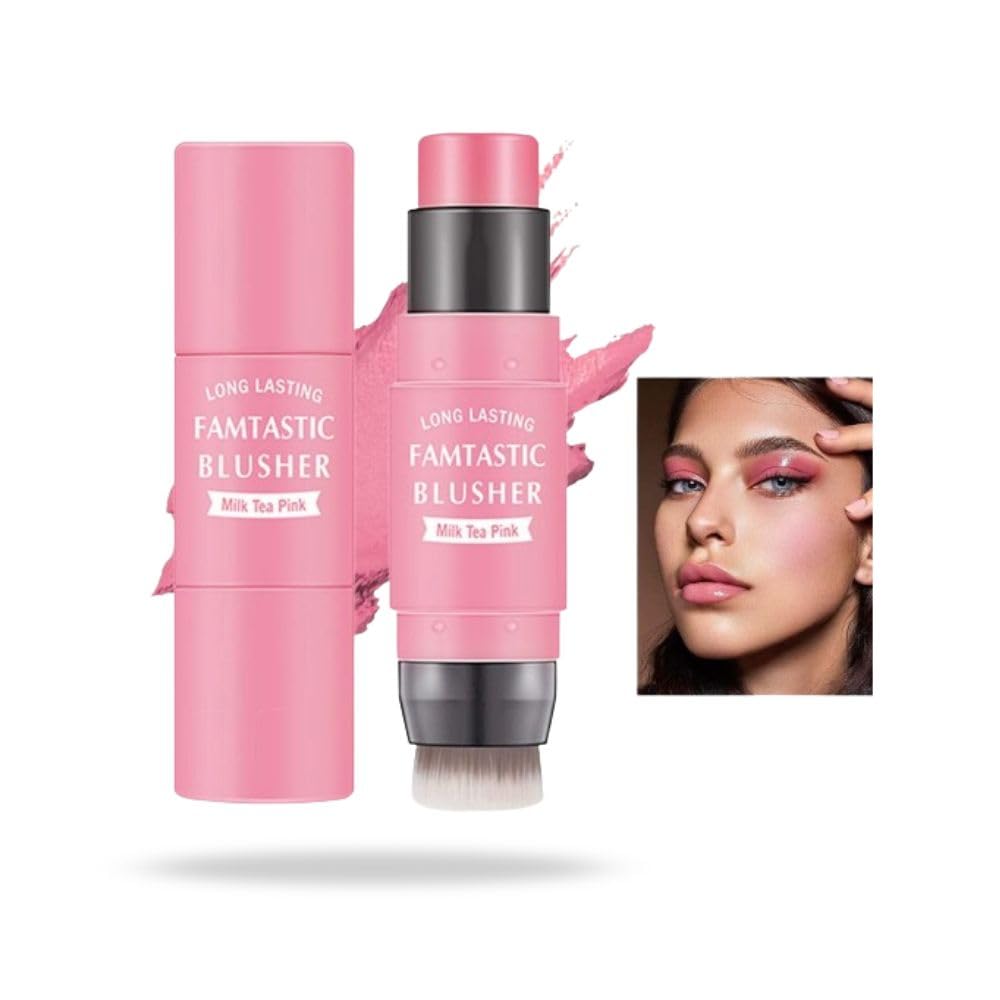 Colorete en Barra Maquillaje Larga Duracion con Aplicador Brocha, Rubor Stick en Crema Nude para Cara, Mejillas, Labios y Ojos, Resistente al Agua, Suave Cremoso Hidratante (Rosa Suave, 8 gramos)