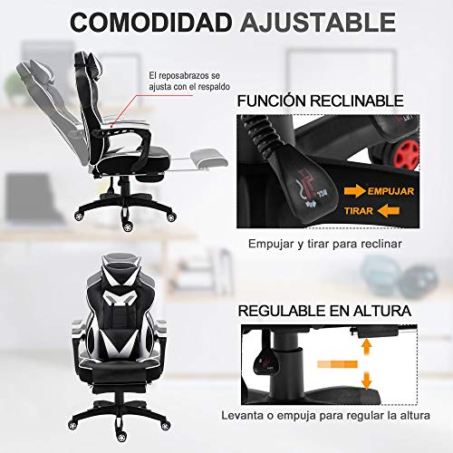 Vinsetto-Silla-Racing-Silla-Ergonomica-de-Escritorio-para-Oficina-Regulable-en-Altura-Reclinable-Respaldo-con-Reposapies-Reposacabezas-Cojin-Lumbar-Ruedas-65x70x1185-1285-cm-Blanco