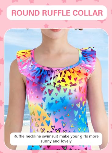Image of XiaoMoSha Girls Swimsuits Ruffled Round Neck One Piece Bathing Suits Quick Dry UPF 50+ Summer Hawaii Swimwear for Kids 3-10T