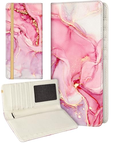 Slohif Checkbook Cover for Personal Duplicate Checks - Leather Check Book Wallet Holder for Women Pink Marble Print Top Side Tear