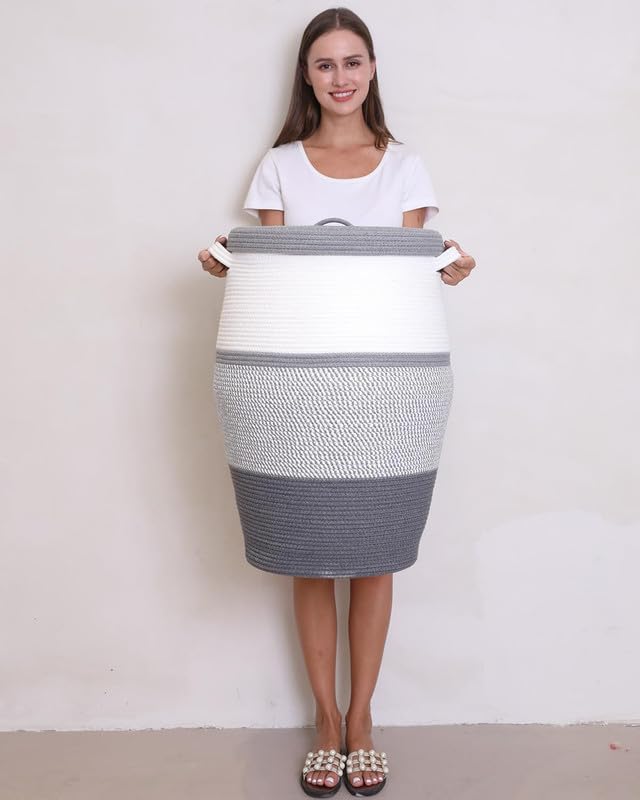Image of Storage Cotton Rope Basket and Laundry Hamper for Dirty Clothes, Towels, Blankets, Pillows Storage in Living Room, Laundry Room and Bedroom (White & Dark Grey Mix With Lid, 14x16 Inch)