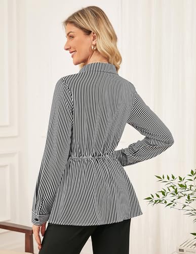 GRACE KARIN Peplum Tops for Women Tie Front Striped Button Down Shirt Collared Long Sleeve Business Casual Work Office Blouse4