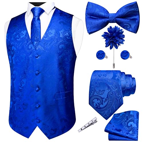 GUSLESON Mens Royal Blue Vest Tie and Bow Tie Set Formal Waistcoat Floral Jacquard Necktie Pocket Square Suit Vests Lapel Pin Wedding Party (0806-04-3XL)