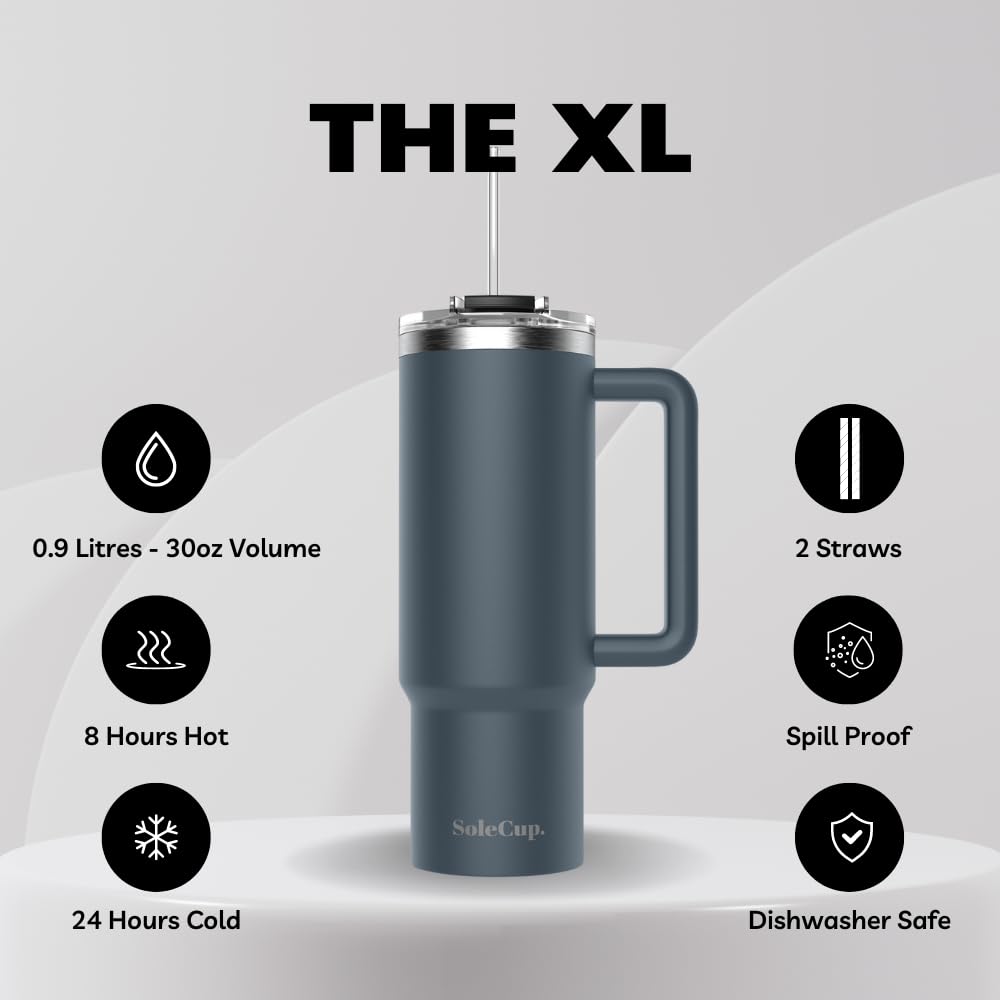 SoleCup. 30oz Travel Mug with Handle, Lid and Two Straws, Drinks Stay Hot for 8 Hours and Cold for 24 Hours - Image 3