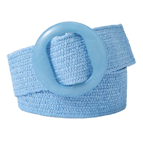 beltox fine Women PP Straw Braided Elastic Belt Solid Color with Round Buckle(Blue,XS-XL(28-40 inch stretch range))