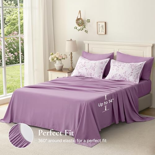 Image of Andency Floral Comforter Set Full Size, 7 Pieces Purple Flower Lightweight Bedding Set for All Seasons, Soft Vintage Bed in a Bag with Comforter, Sheets, Pillowcases & Shams