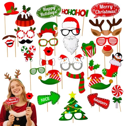 Accesorios photobooth Navidad 32 piezas Navidad Accesorios Photocall Foto Prop Photo Booth, accesorios foto fiesta navidad adultos niños kit decoración rojo verde sombrero barba gafas renos fiesta