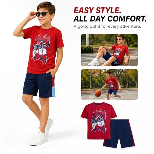 Image of Pro Athlete Active Boys Short Sets - 2 Piece Performance Crewneck Short Sleeve T-Shirt and Shorts Boys Athletic Sets (8-16)