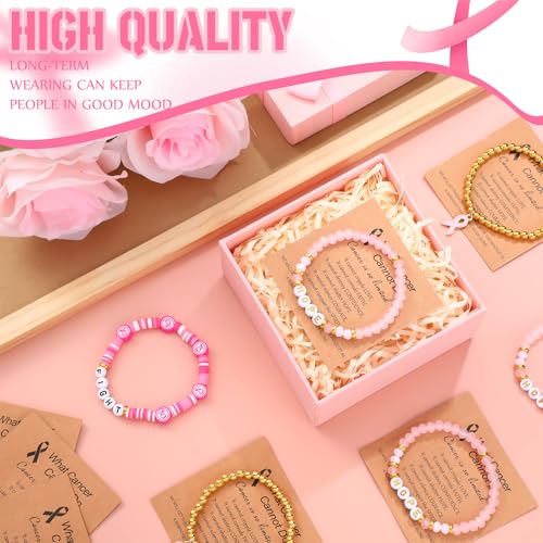 24 Pcs Breast Cancer Awareness Bracelets Bulk with Inspirational Cards Hope Fight Pink Ribbon Charm Breast Cancer Awareness Accessories Clay Beaded Stretch Bracelets Survivor Gifts for Women3