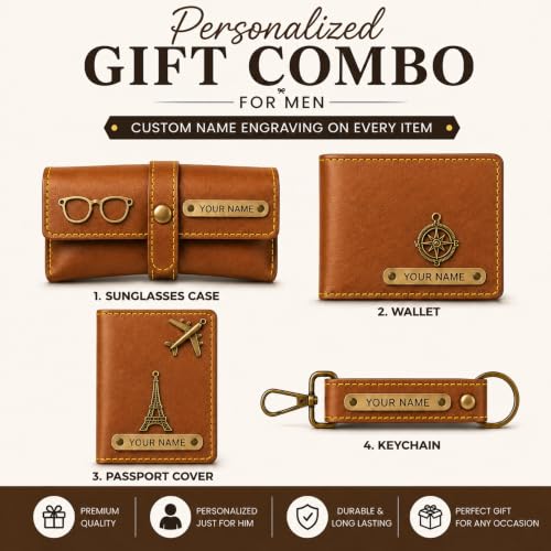 Image of Travel Gift Set for Men | Personalized Wallet, Passport Holder, Sunglass Cover & Keychain | Custom Name Gift