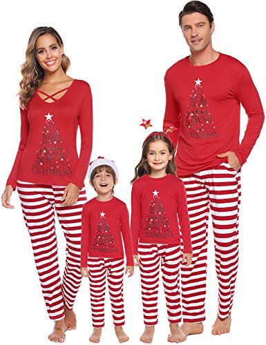 Sykooria Christmas Family Matching Pajamas Mom Dad Kids Xmas Striped Drawstring Sleepwear Pockets Pj Sets(Red,Kids-3/4T(90))