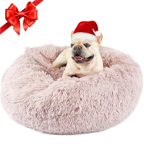 Image of Himax Covered Medium Dog Bed with Blanket Attached Calming Burrow Beige | 20in Small Cat & Dog Bed, Anti-Anxiety Donut dog bed with cover, Washable Round Fluffy Pet Bed for Indoor