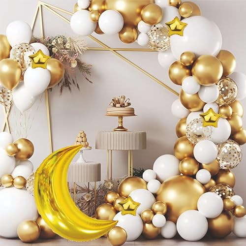 Image of Balloon Decoration Kit - 46 PCS White & Golden Balloons with Moon Foil Balloon for Birthday, Weddings, Anniversary & Events Garland Set | Birthday Decoration Items for Kids & Adults
