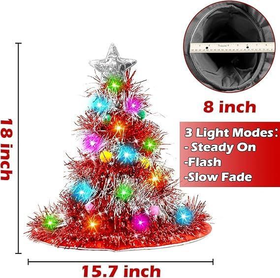 Camlinbo 2 Pcs Christmas Hats, Tinsel Tree Santa Hat with 30 Colored LED Lights, 3 Lighting Modes, Xmas Party Costume Accessories - Image 2