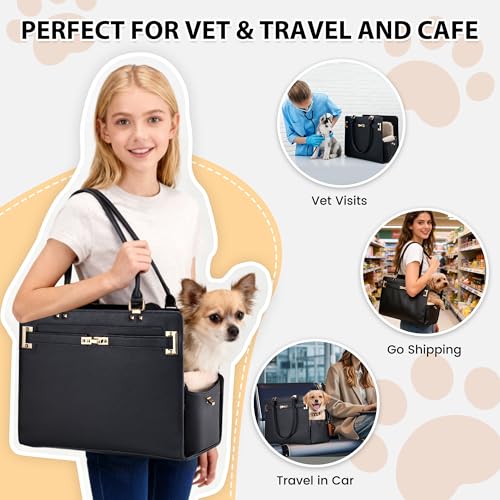 Dog Purse Carrier for Small Dogs, Stylish Foldable Pet Carrier Purse Tote Bag with Washable Cushion & Safety Leash, Airline Approved Puppy Travel Bag with Pockets (Black) by GLOBLYTE - Used condition - Image 3