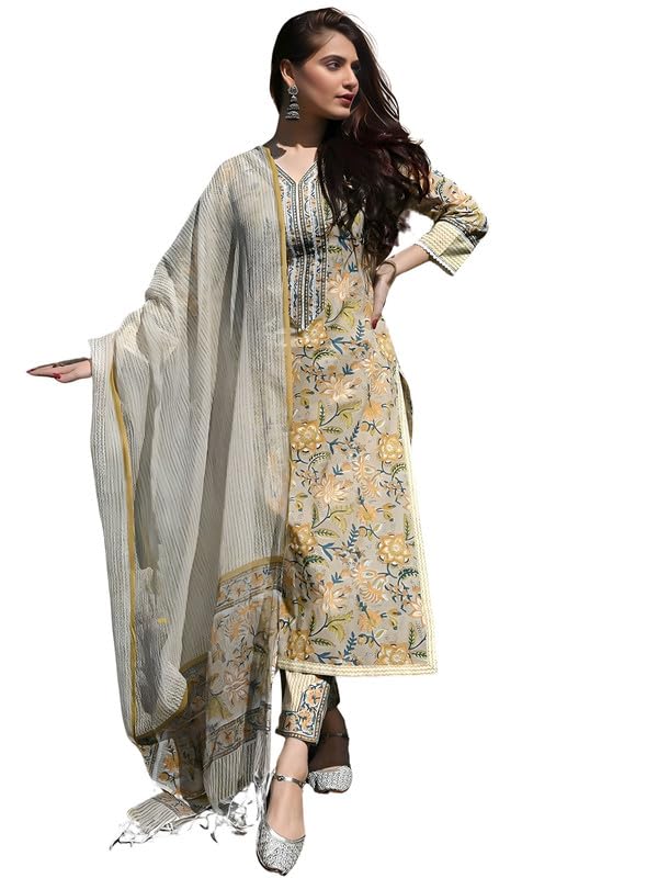 Women’s Cotton Printed Beige Kurta Set with Dupatta | Casual | Office | Regular Wear | Ethnic | Lightweight-image-2