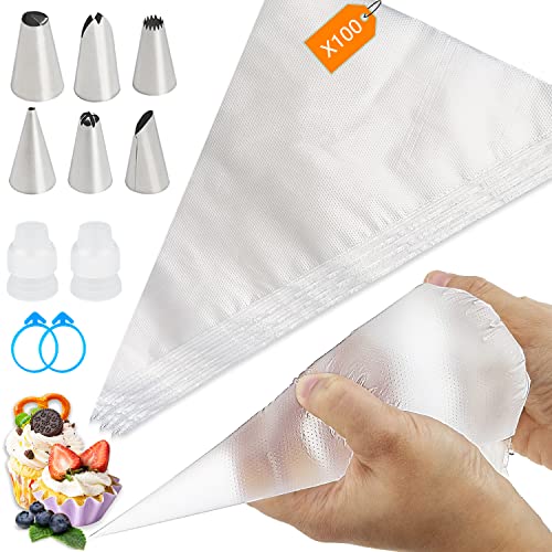 Pastry Bag Piping Bags 100PCS-12 inch,with 6 Decorating Tips 2 Coupler Cupcake Cake Decorating Bags Disposable Cake Icing Decorating Piping Bags Set For Cake Decorating Cookies (12 inch)