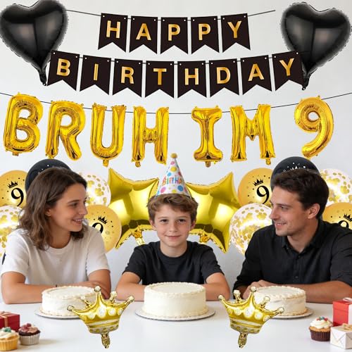 9th Birthday Decorations Balloons Boys - 33 Pcs Black Gold Happy Bday Banner Bruh Im 9 Letter Number Star Crown Foil Balloon Cake Topper Centerpieces Party Supplies for Nine Year Old Backdrop Decor by OUMINGLI - Used condition - Image 5
