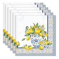 Arquiel Servietten Blauer Zitrone 6er-Set, Stoffservietten 100% Baumwolle Dekoratives Weiches Wiederverwendbare Esstisch Servietten für Hochzeiten Küche Haushalt Frühling/Sommer(45×45cm)