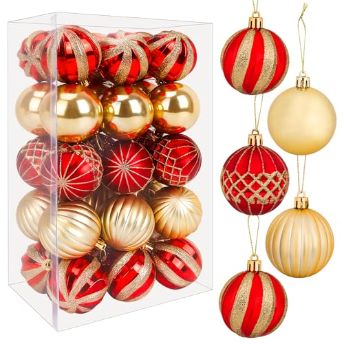 QKURT 30 Piezas Bolas de Navidad Colgantes Adornos, 6cm Juego de Bolas para Navidad, Fiesta de Vacaciones, Decoración de Boda, Rojo y Dorad