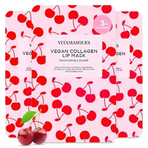 Vitamasques Lip Mask, 3-Pack - Cherry Vegan Collagen Lip Mask Sheets, Repair for Dry & Chapped Lips...