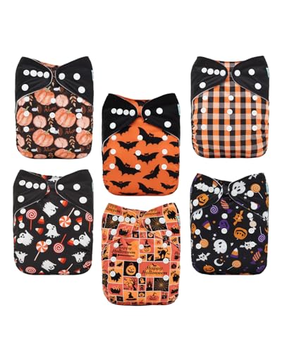 Image of ALVABABY Halloween Baby Cloth Diapers 6 Pack with 12 Inserts Cloth Diaper Covers Adjustable Washable Reusable for Baby Girls and Boys