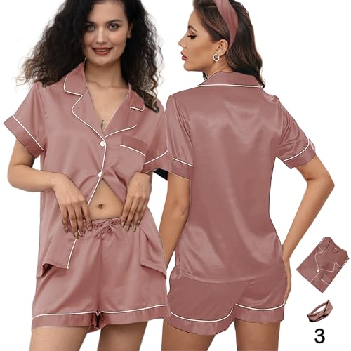 Image of 3Pcs Silk Pajamas XS-4XL Womens Satin Pajama Short Floral Sleepwear Bride Soft Pj Lounge Sets Pjs Shorts Set