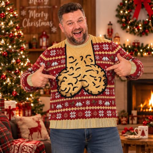 Ugly Christmas Sweater for Men Novelty Funny Hairy Body Print Party Sweater | Xmas Funny Long Sleeve Fashion Casual Santa Claus Costume All Over Print Pullover Holiday Gift #01 Red Small - image 8