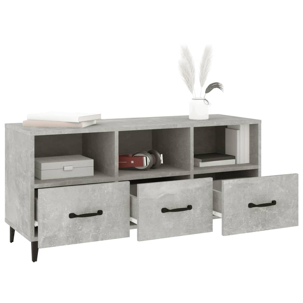 Nowoczesna szafka pod telewizor, betonowa szara, 102 x 35 x 50 cm, materiał drewnopochodny, z szufladami i półkami, do salonu, centrum rozrywki, stabilna konsola medialna