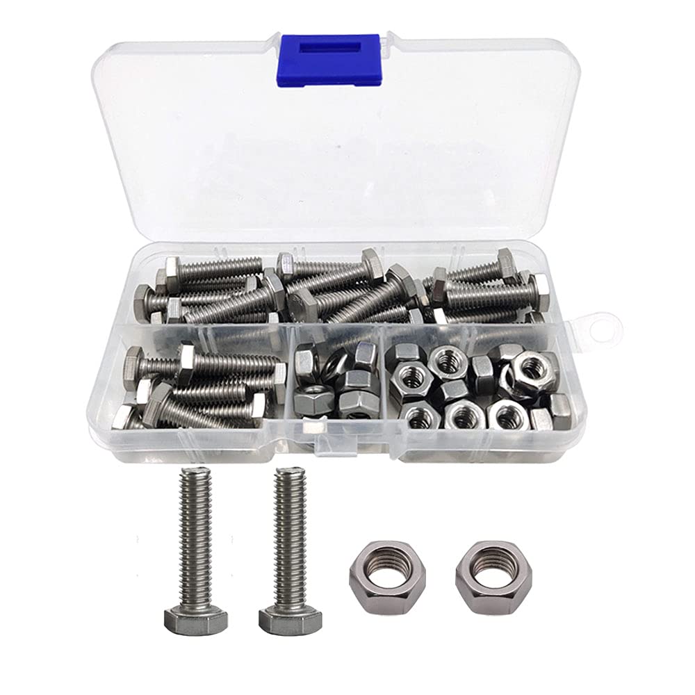 Foitech (60Pcs) 1/4-20 x 1" Hex Bolts & Hex Nuts Set. Hex Head Cap Screw Bolts, External Hex Drive,Fully Threaded,Stainless Steel 304