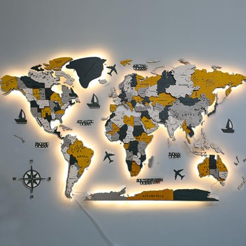 Mural 3D con diseño de mapa del mundo LED extragrande, acrílico y madera, decoración moderna del hogar para sala de estar, idea de regalo única