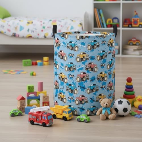 Image of Baby Laundry Hamper Basket Baby Hamper for Nursery Boy and Girl Cute Storage Bin Organizer Boho Room Decor(Monster Truck)